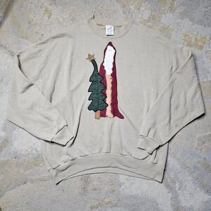 Vintage Jerzees Christmas Santa Tree Applique Sweatshirt XL Holiday Beige